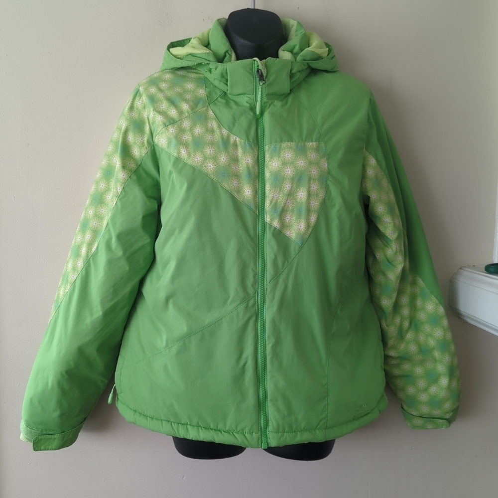 LL. Bean Green Winter/Ski Jacket with Geometric Pattern Hooded Girls XL / 18